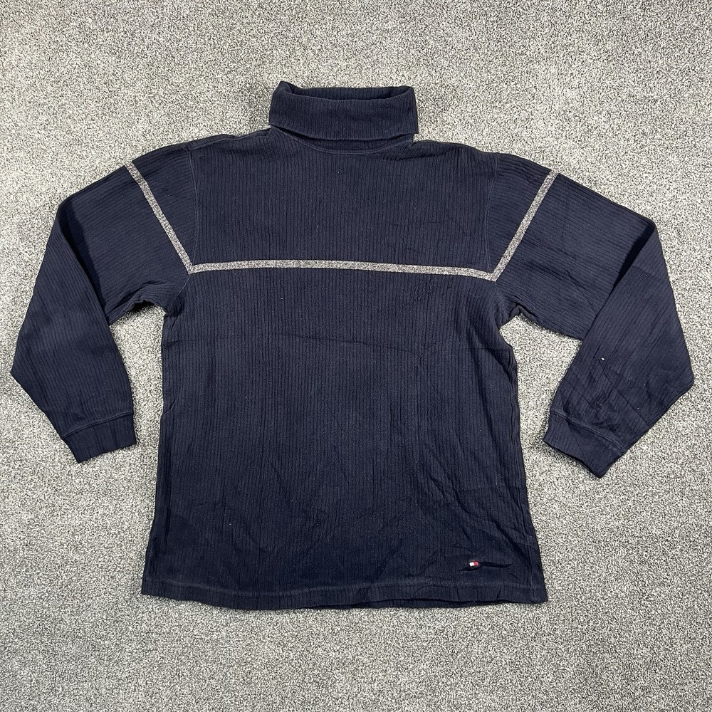 Tommy Hilfiger Mens M Turtleneck Sweater Navy Blue 100% Cotton Flag Logo